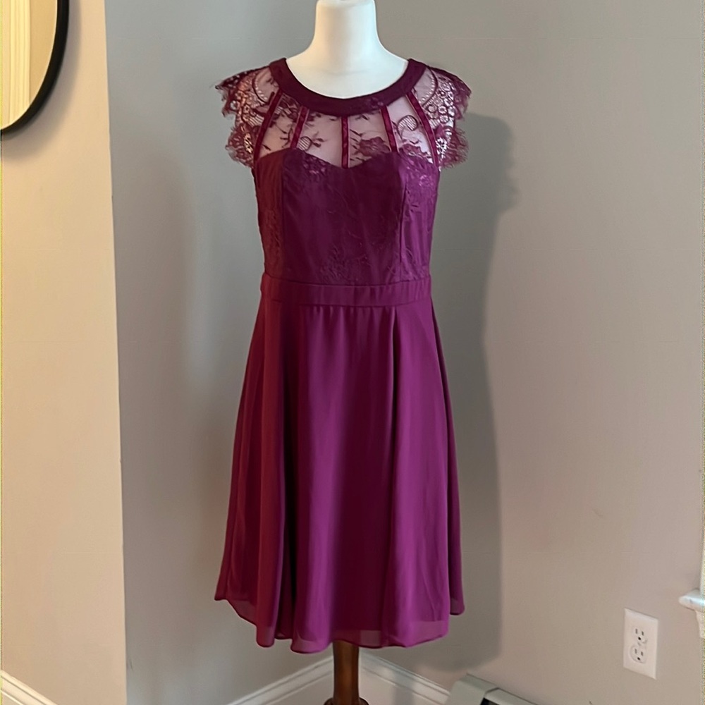 Raspberry Fit and Flare Sweetheart Lace Detail Dress